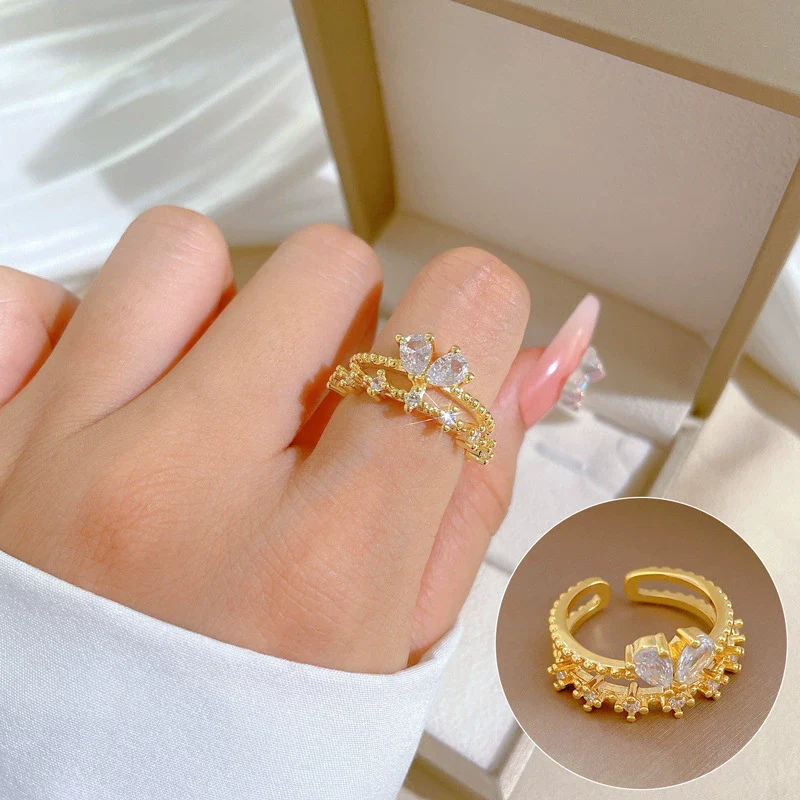 Wholesale Jewelry Brass Crown Butterfly Zircon Electroplating Ring Casual Cartoon Style