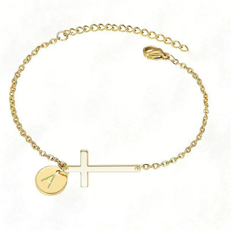 Wholesale Jewelry Copper Geometric Style Circle Tag Cross Bracelet With Electroplating For Women - Image 5