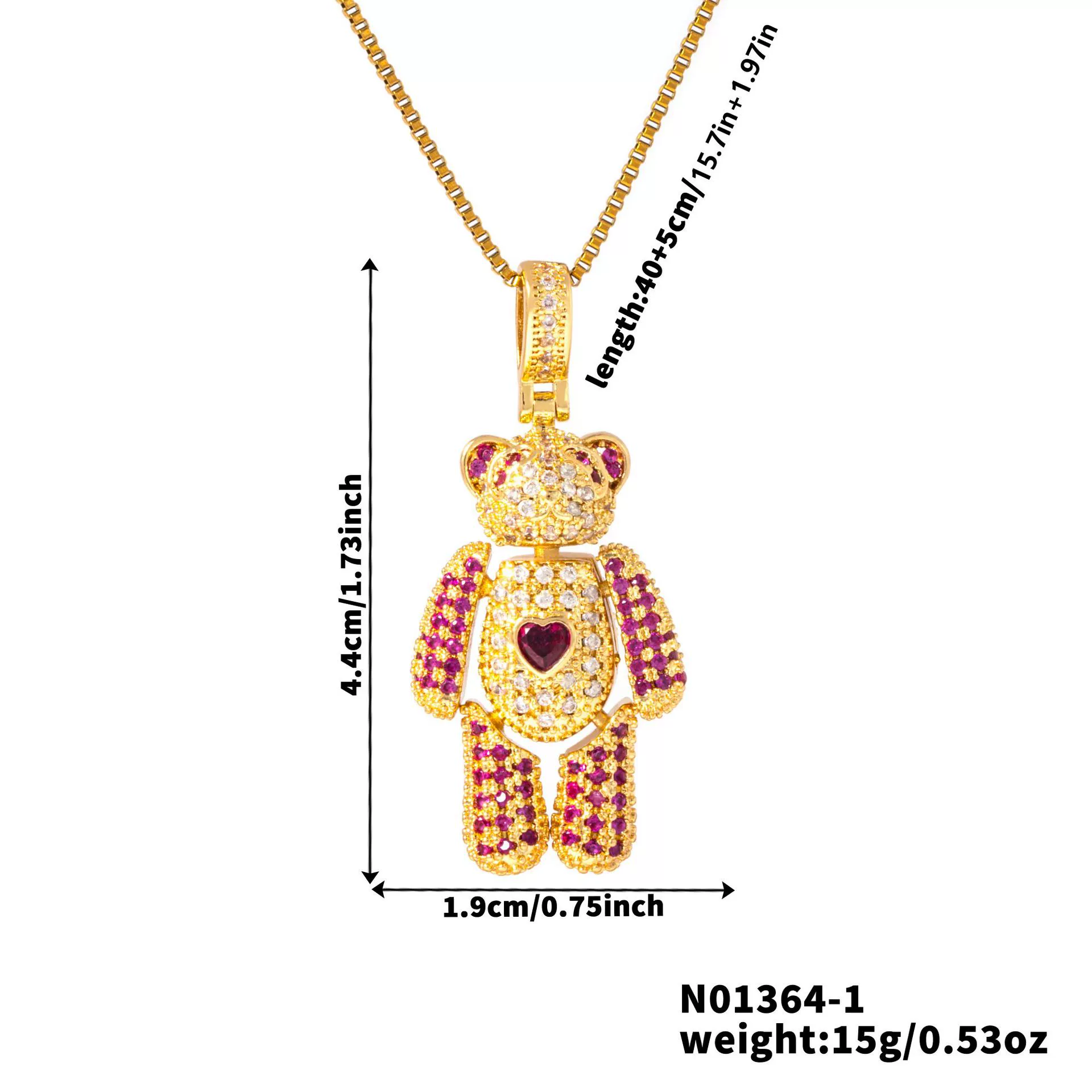 Wholesale Jewelry Copper Inlaid Zircon Heart Bear Pendant Electroplated Necklace With Animal Pattern - Image 6