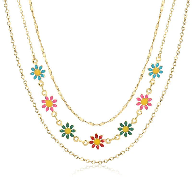 Wholesale Jewelry Copper Plated Real Gold Flower Pattern Electroplating Women's Stacked Threelayer Necklace - Image 5