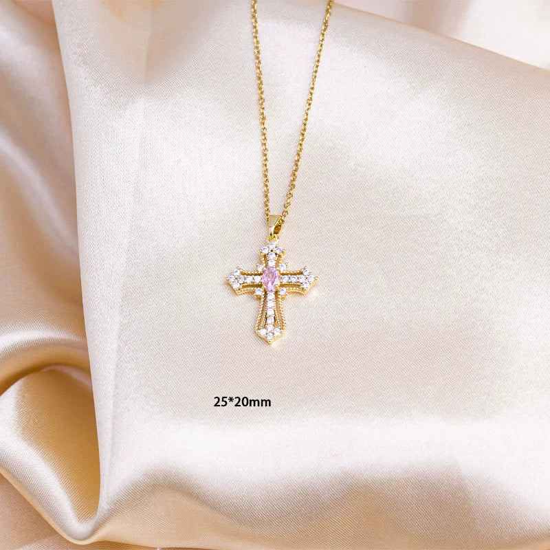 Wholesale Jewelry Cross Titanium Steel Mixed Gemstone Pendant Necklace With Electroplating Simple Design - Image 2