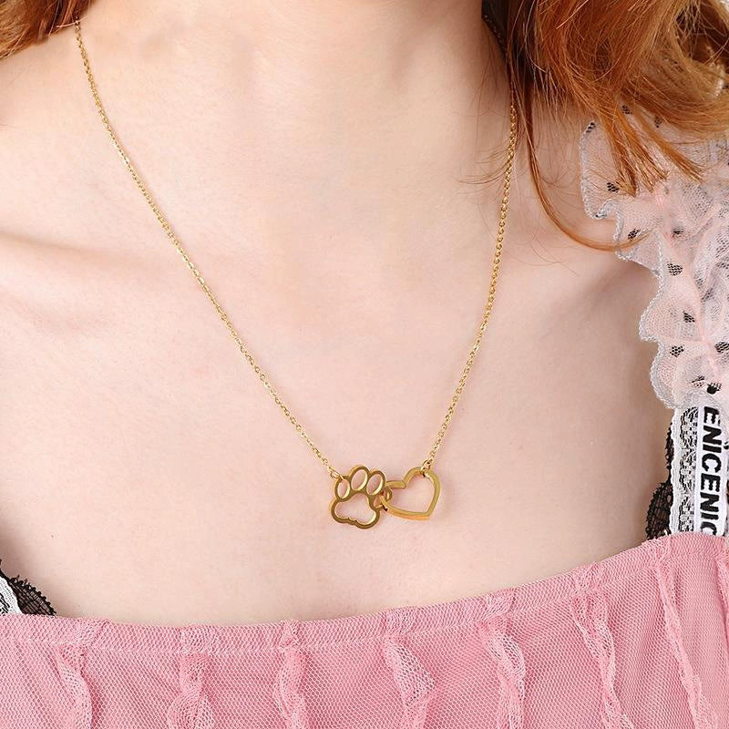 Wholesale Jewelry Cute Cat Paw Print Peach Heart Stainless Steel Necklace With Electroplating Treatment - Image 2