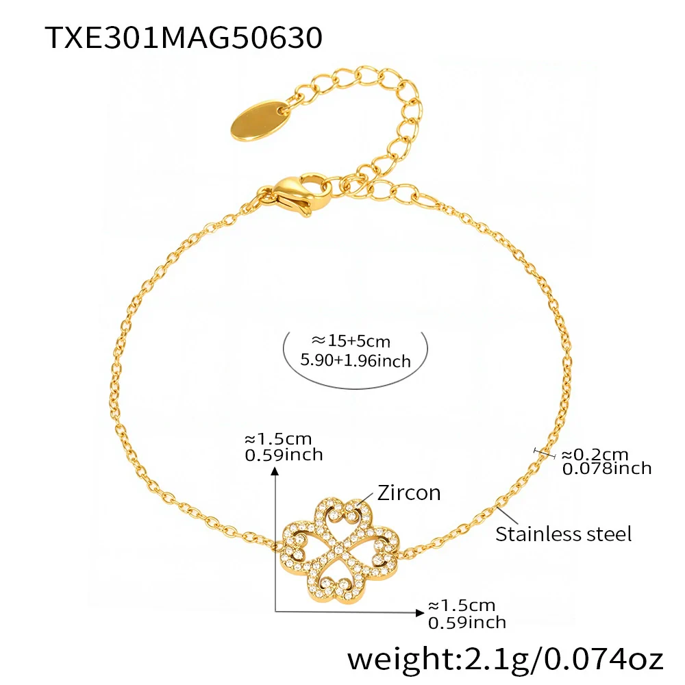Wholesale Jewelry Diamond Heartshaped Hollow Fourleaf Clover Pendant Necklace Bracelet Set For Women Stainless Steel Zircon Titanium Steel Electroplated - Image 7