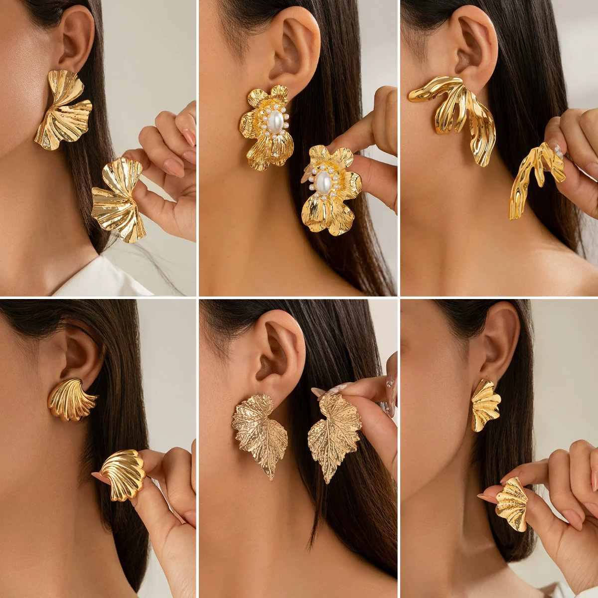 Wholesale Jewelry Exaggerated Alloy Ginkgo Leaf And Flower Pattern Earrings For Women Electroplated