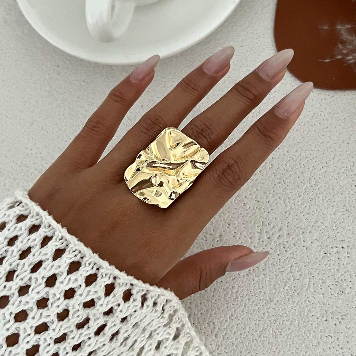 Wholesale Jewelry Exaggerated Geometric Square Fold Opening Ring Zinc Alloy Electroplated For Women