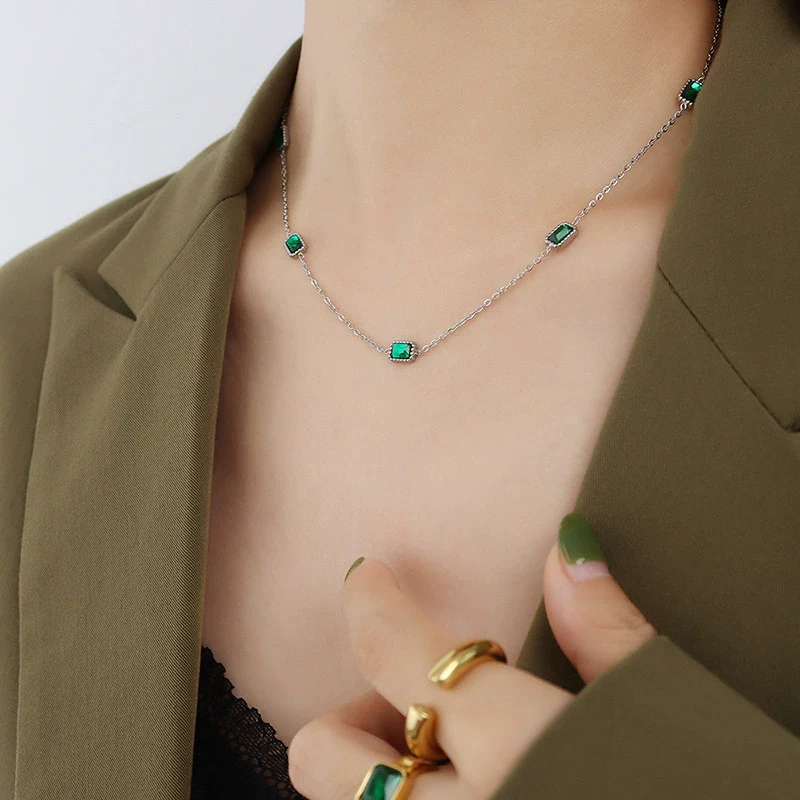Wholesale Jewelry Fashion Geometric Emerald Zircon Necklace 316L Stainless Steel 18K Gold Plated For Women - Image 7