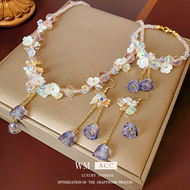 Wholesale Jewelry Fashion Sweet Temperament Alloy Artificial Crystal Plant Flowers Electroplating Tassel Clavicle Chain For Women