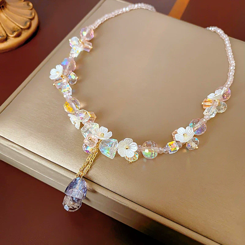 Wholesale Jewelry Fashion Sweet Temperament Alloy Artificial Crystal Plant Flowers Electroplating Tassel Clavicle Chain For Women - Image 6