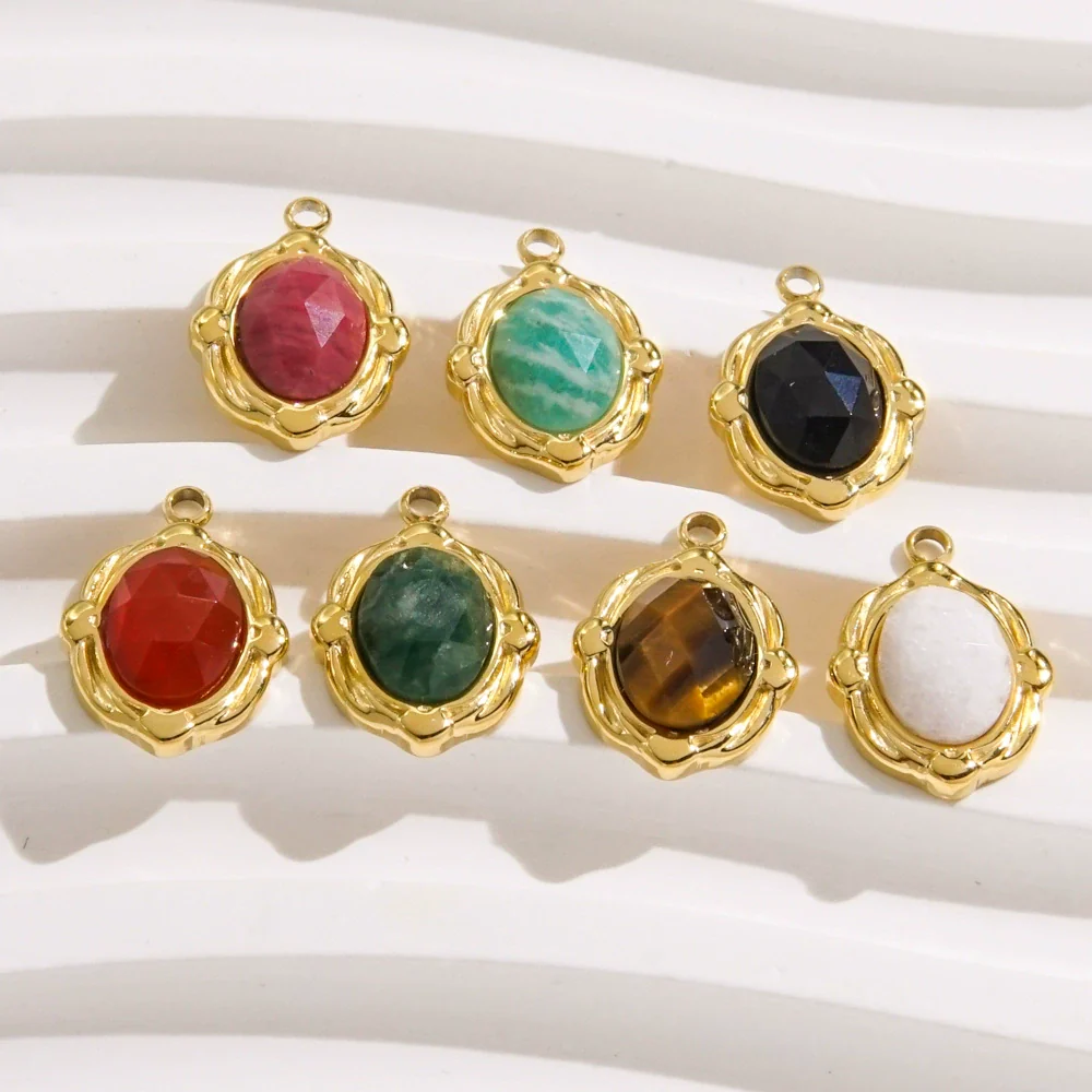 Wholesale Jewelry French Vintage Stainless Steel Inlaid Natural Stone Oval Pendant Necklace