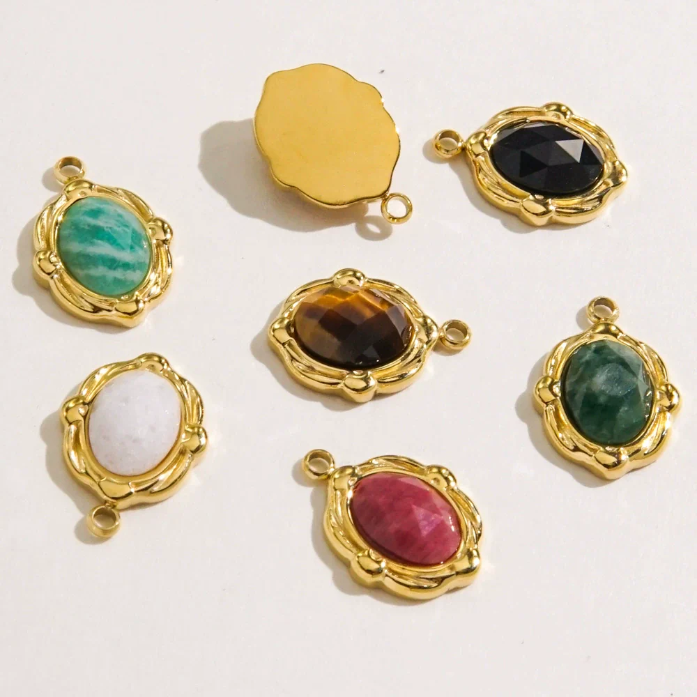 Wholesale Jewelry French Vintage Stainless Steel Inlaid Natural Stone Oval Pendant Necklace - Image 2