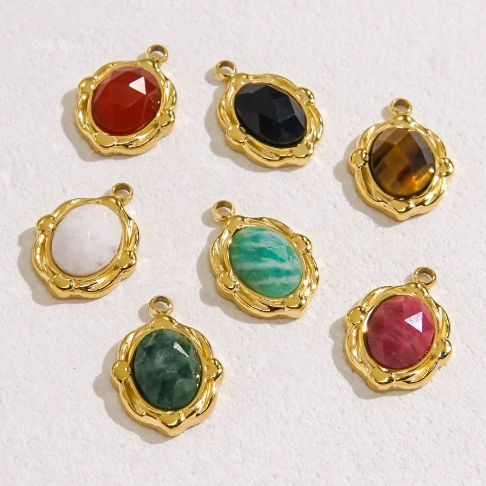 Wholesale Jewelry French Vintage Stainless Steel Inlaid Natural Stone Oval Pendant Necklace - Image 3