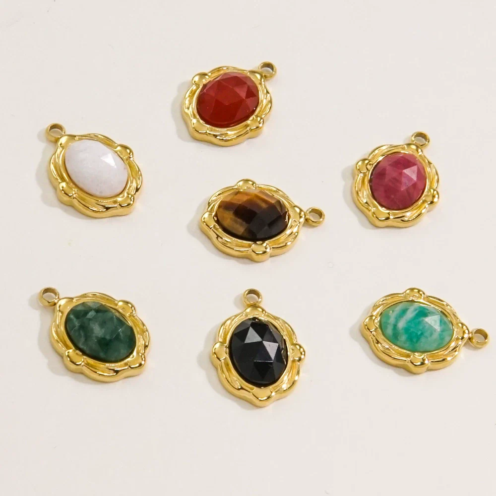 Wholesale Jewelry French Vintage Stainless Steel Inlaid Natural Stone Oval Pendant Necklace - Image 4
