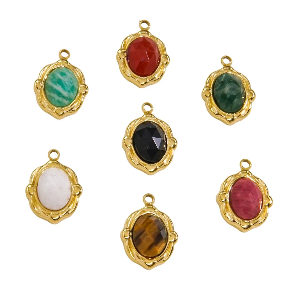 Wholesale Jewelry French Vintage Stainless Steel Inlaid Natural Stone Oval Pendant Necklace - Image 5