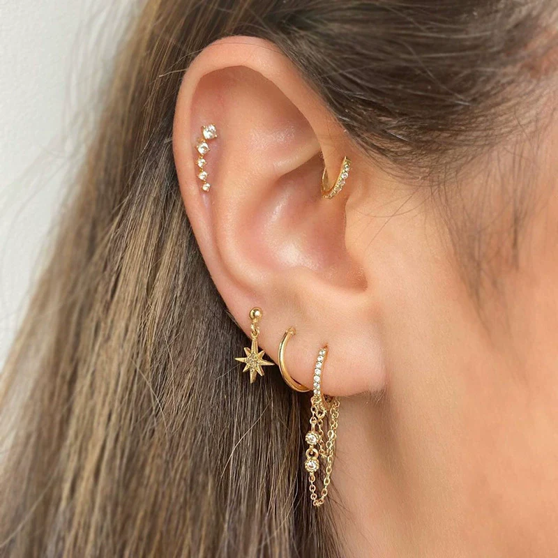 Wholesale Jewelry Fresh Style Star And Moon Pattern Zircon Butterfly Earrings Set With Copper 225 Silver Needle And Real Gold Plating