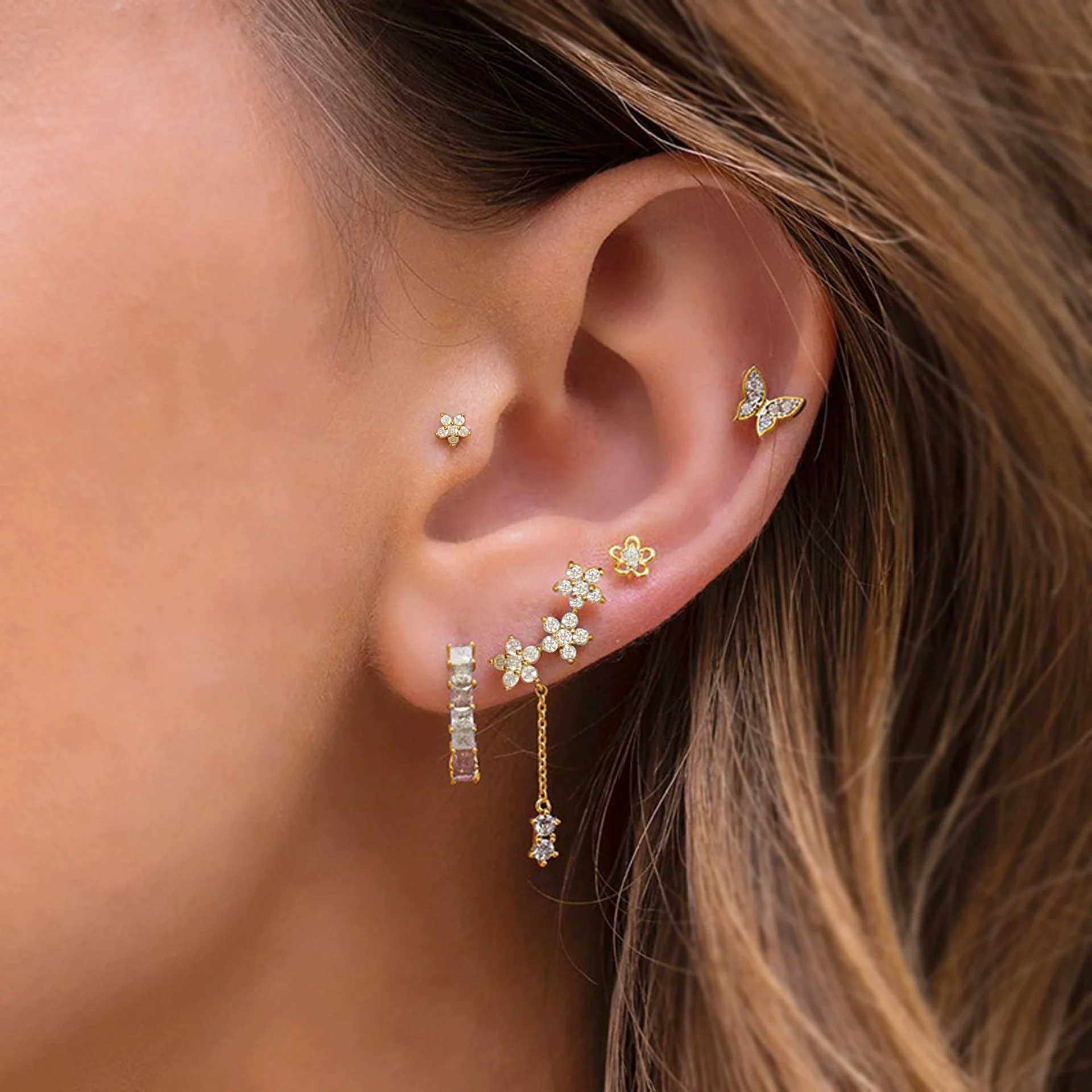 Wholesale Jewelry Fresh Style Star And Moon Pattern Zircon Butterfly Earrings Set With Copper 225 Silver Needle And Real Gold Plating - Image 9