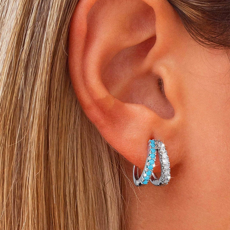 Wholesale Jewelry Geometric Copper Earrings With Klein Blue Zircon Electroplated 14K Gold Ear Needles For Women Retro Light Luxury Style