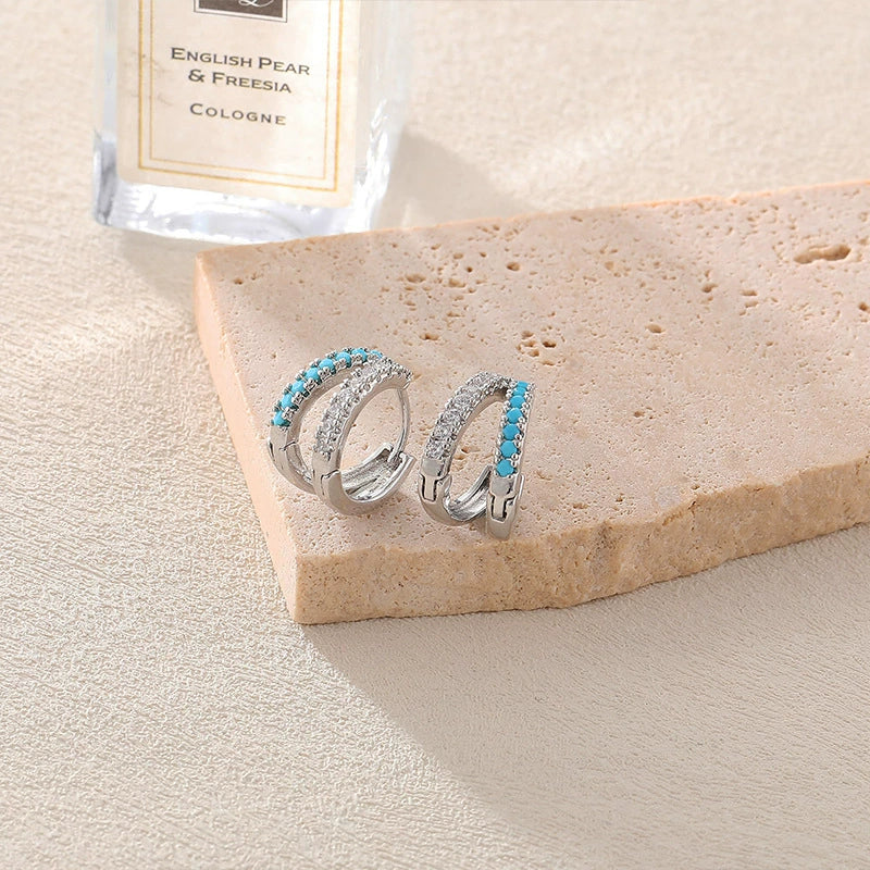 Wholesale Jewelry Geometric Copper Earrings With Klein Blue Zircon Electroplated 14K Gold Ear Needles For Women Retro Light Luxury Style - Image 3