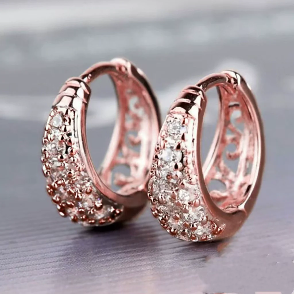 Wholesale Jewelry Geometric Copper Rose Gold Hollow Circle White Diamond Electroplated Earrings - Image 7