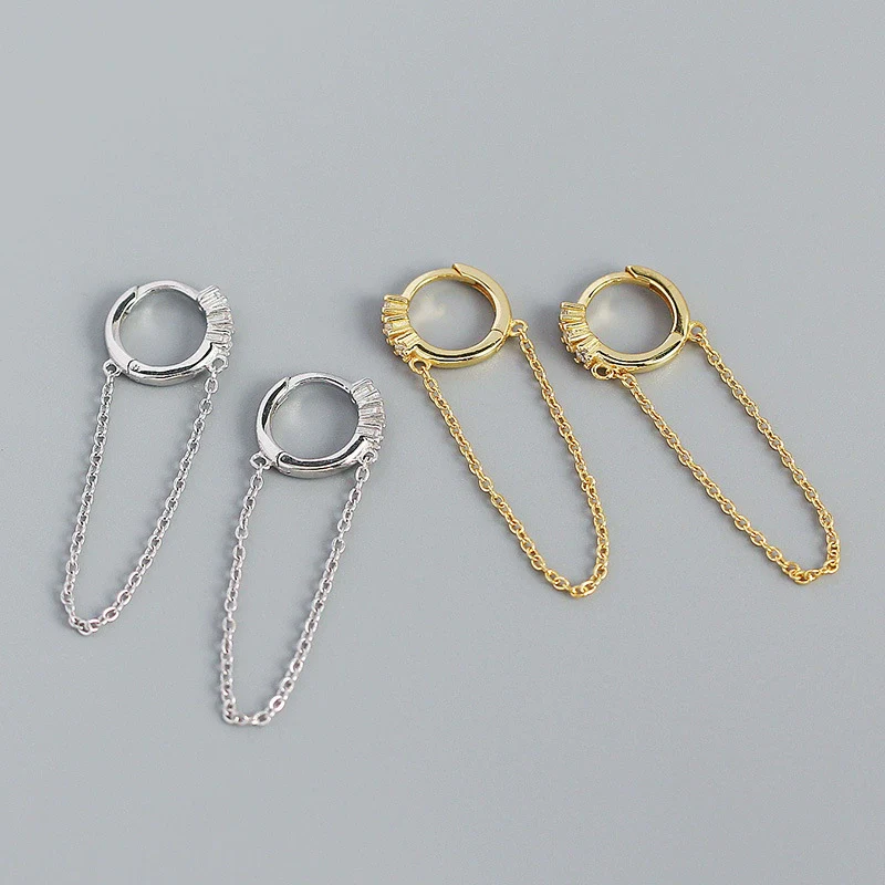 Wholesale Jewelry Geometric Long Tassel Chain Zircon Ear Buckle Earrings 925 Silver Electroplated For Women