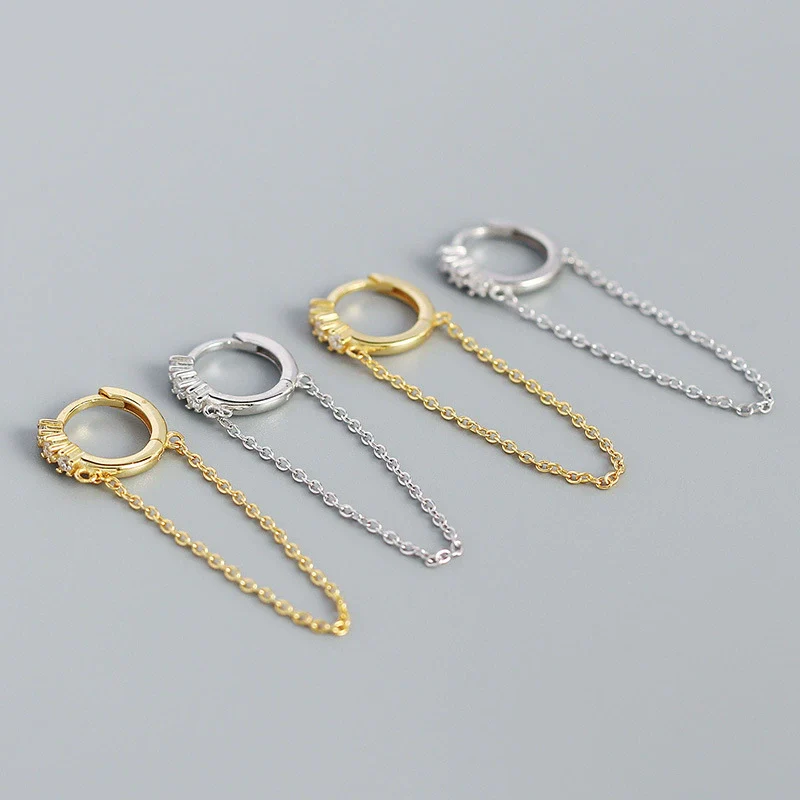 Wholesale Jewelry Geometric Long Tassel Chain Zircon Ear Buckle Earrings 925 Silver Electroplated For Women - Image 2