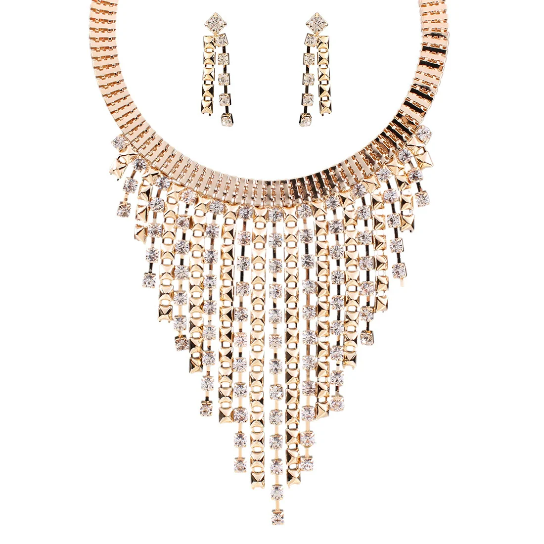 Wholesale Jewelry Geometric Multi Layer Tassel Alloy Diamond Necklace Earrings Collar