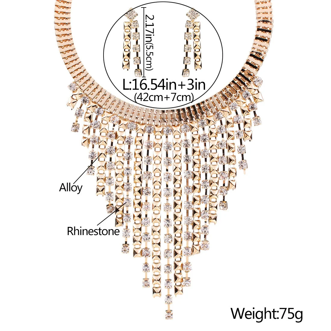 Wholesale Jewelry Geometric Multi Layer Tassel Alloy Diamond Necklace Earrings Collar - Image 3
