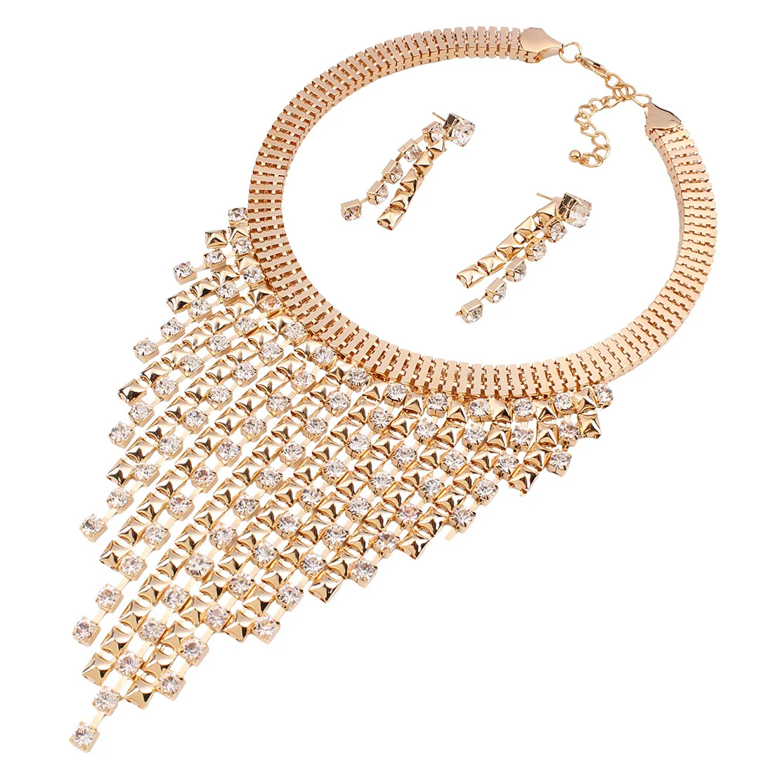 Wholesale Jewelry Geometric Multi Layer Tassel Alloy Diamond Necklace Earrings Collar - Image 5