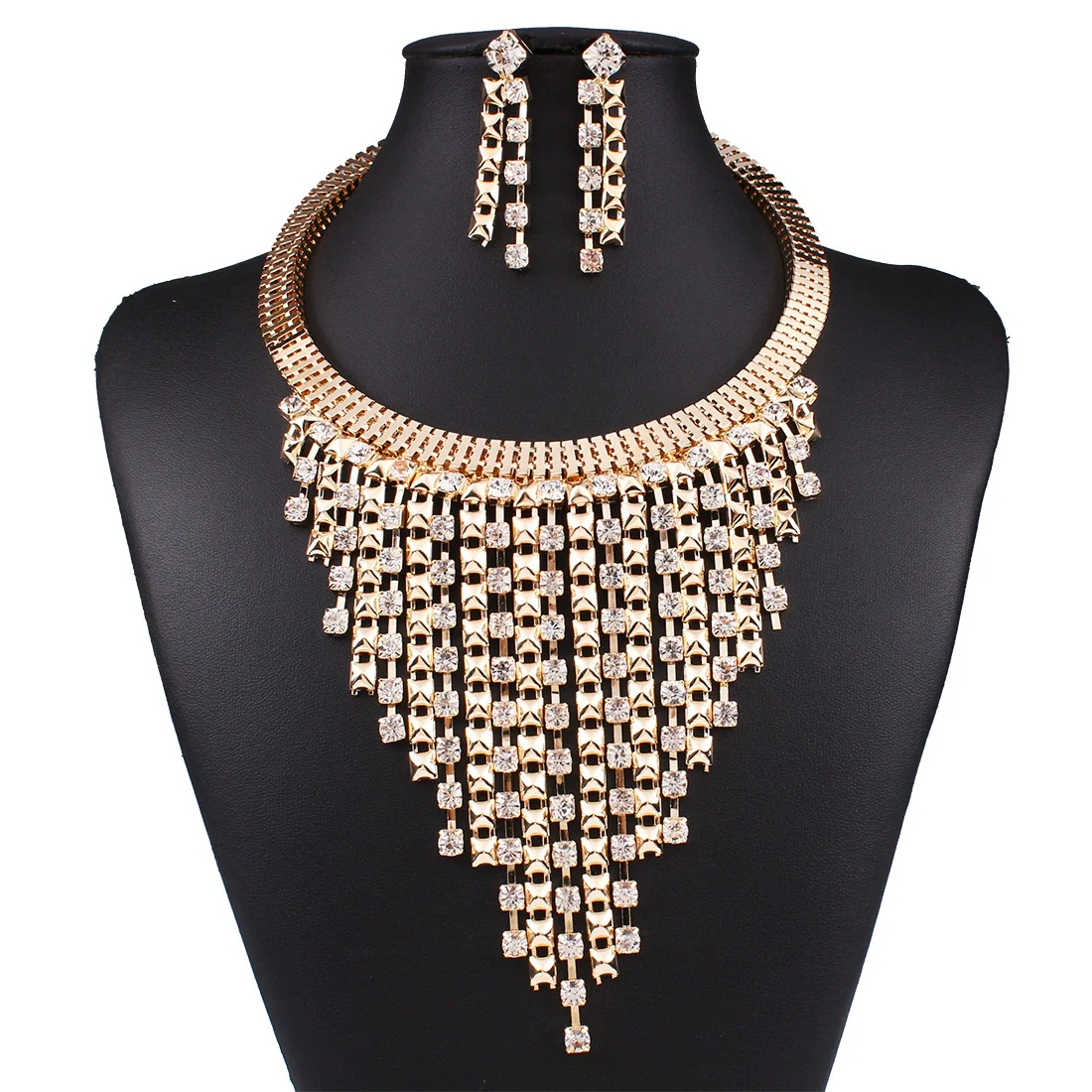Wholesale Jewelry Geometric Multi Layer Tassel Alloy Diamond Necklace Earrings Collar - Image 6