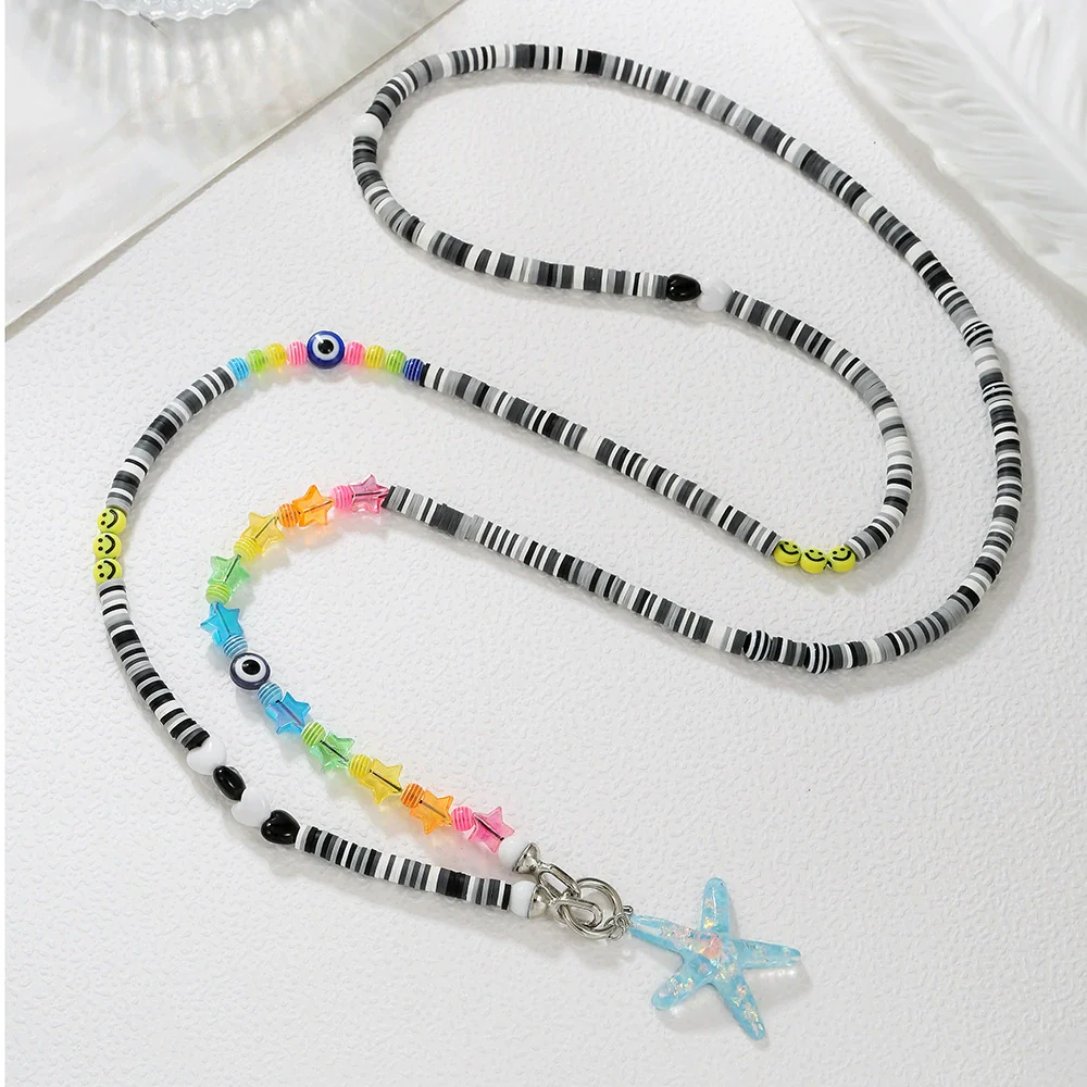 Wholesale Jewelry Geometric Polymer Clay And Acrylic Handmade Crossbody Long Necklace With Smiley Starfish Pendant And O Word Chain - Image 3