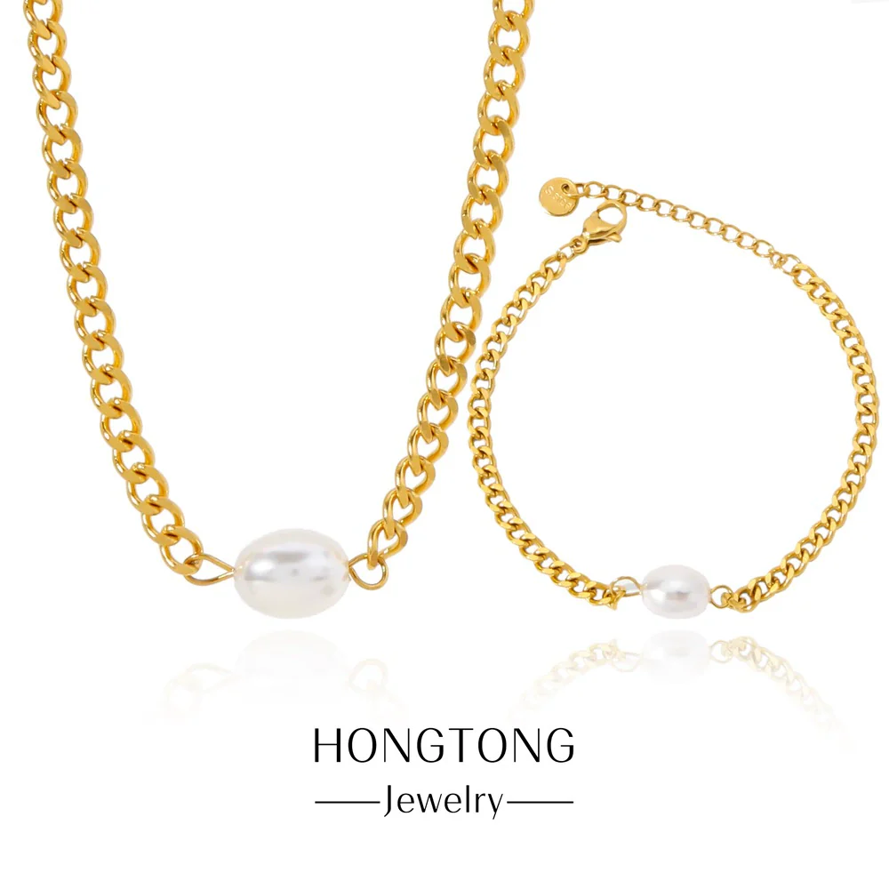 Wholesale Jewelry Geometric Stainless Steel Electroplated Pearl Clavicle Chain And Bracelet Two Piece Set Unisex