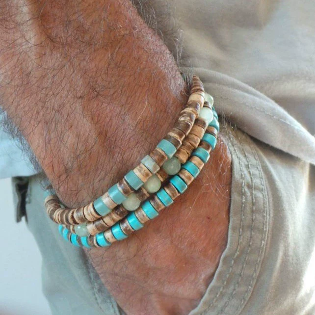 Wholesale Jewelry Geometric Wooden Beads Turquoise Coconut Shell Handmade Unisex Bracelet