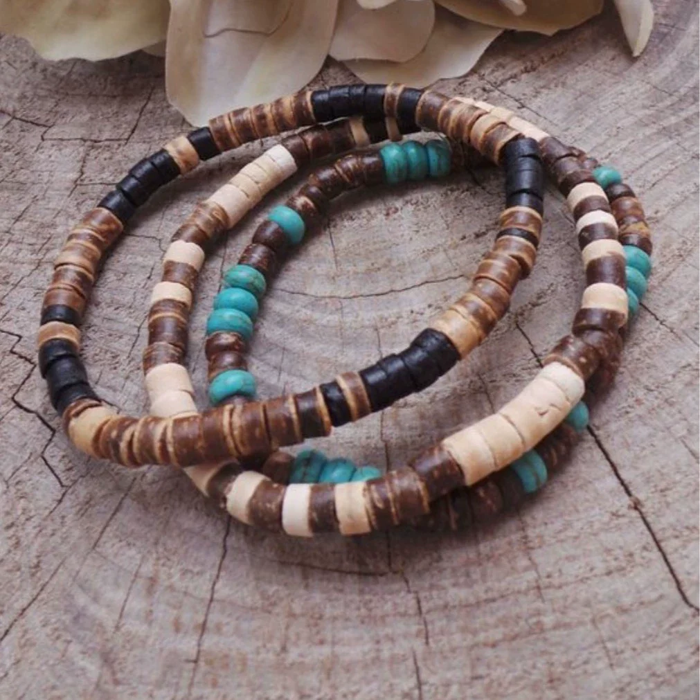 Wholesale Jewelry Geometric Wooden Beads Turquoise Coconut Shell Handmade Unisex Bracelet - Image 2