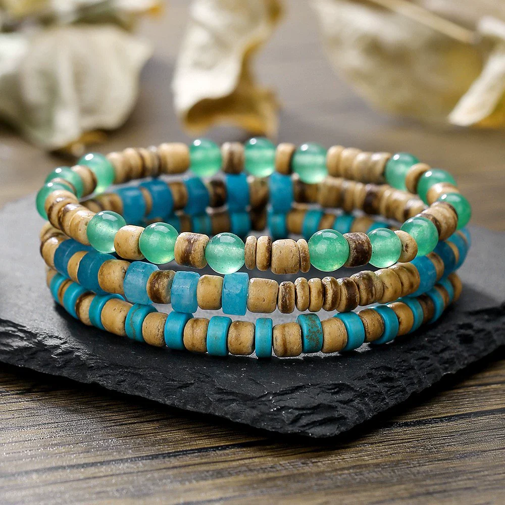 Wholesale Jewelry Geometric Wooden Beads Turquoise Coconut Shell Handmade Unisex Bracelet - Image 6