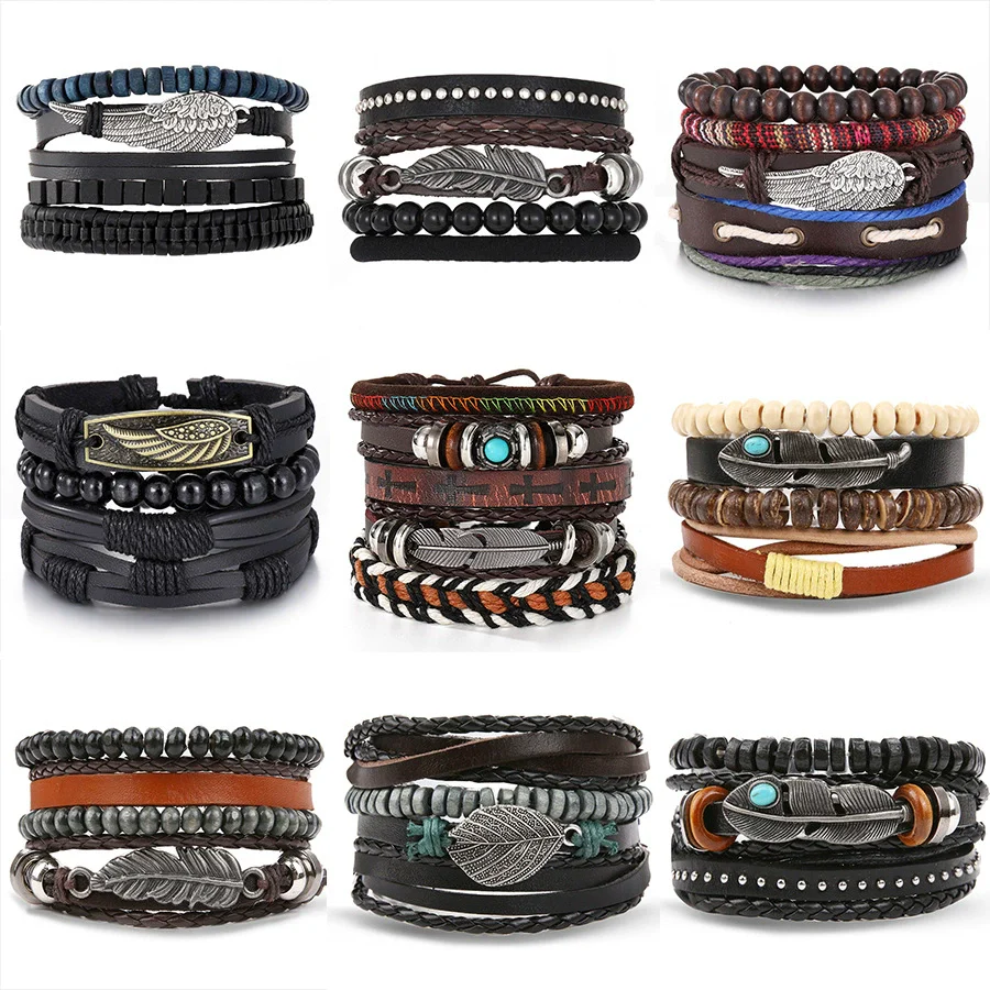 Wholesale Jewelry Handwoven Retro Feather Nameplate Artificial Leather Men's Bracelet