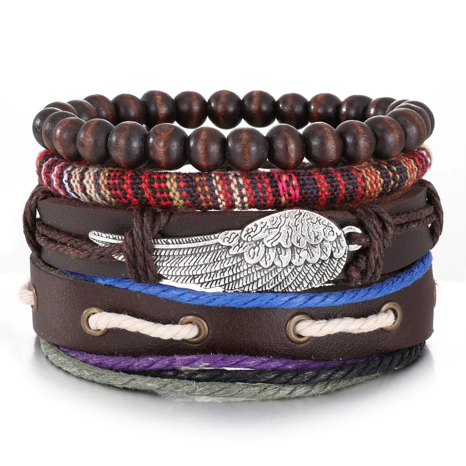 Wholesale Jewelry Handwoven Retro Feather Nameplate Artificial Leather Men's Bracelet - Image 11