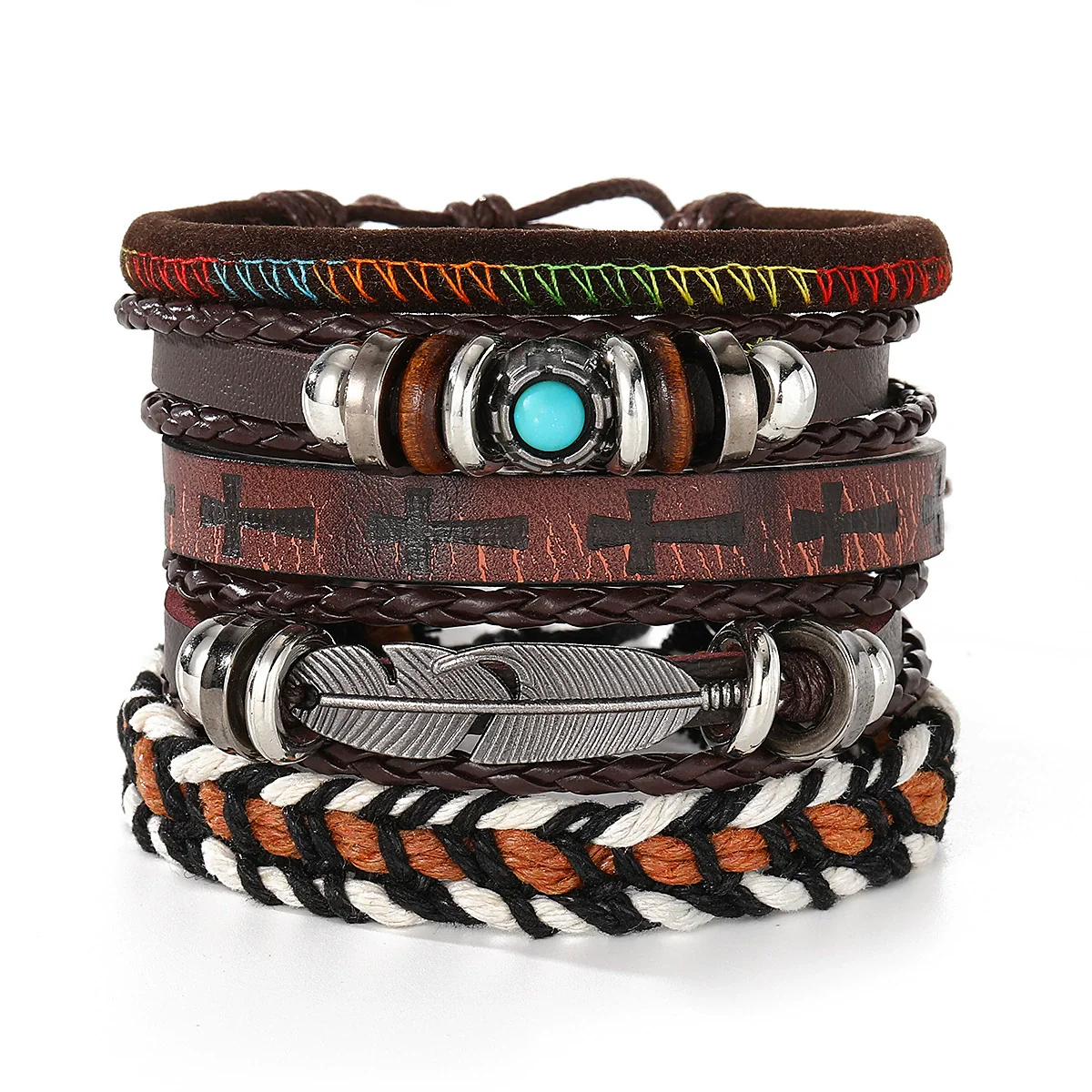 Wholesale Jewelry Handwoven Retro Feather Nameplate Artificial Leather Men's Bracelet - Image 13