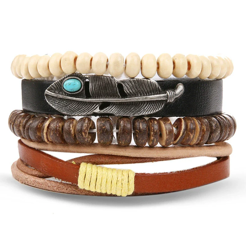 Wholesale Jewelry Handwoven Retro Feather Nameplate Artificial Leather Men's Bracelet - Image 14