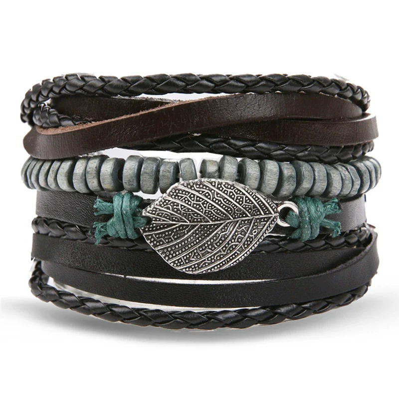 Wholesale Jewelry Handwoven Retro Feather Nameplate Artificial Leather Men's Bracelet - Image 16