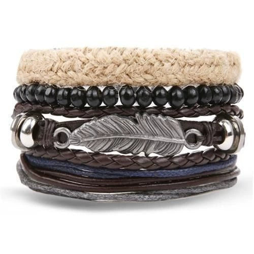 Wholesale Jewelry Handwoven Retro Feather Nameplate Artificial Leather Men's Bracelet - Image 17