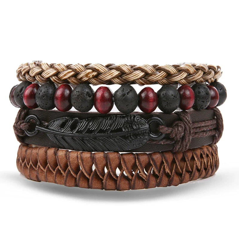 Wholesale Jewelry Handwoven Retro Feather Nameplate Artificial Leather Men's Bracelet - Image 19