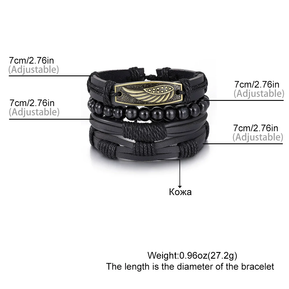 Wholesale Jewelry Handwoven Retro Feather Nameplate Artificial Leather Men's Bracelet - Image 2