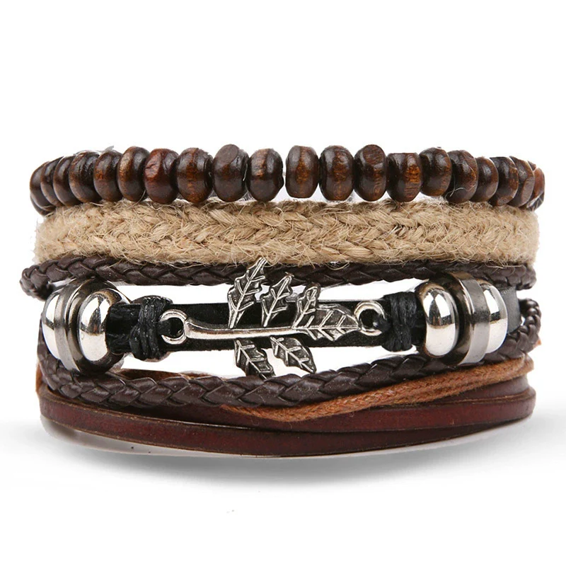 Wholesale Jewelry Handwoven Retro Feather Nameplate Artificial Leather Men's Bracelet - Image 20