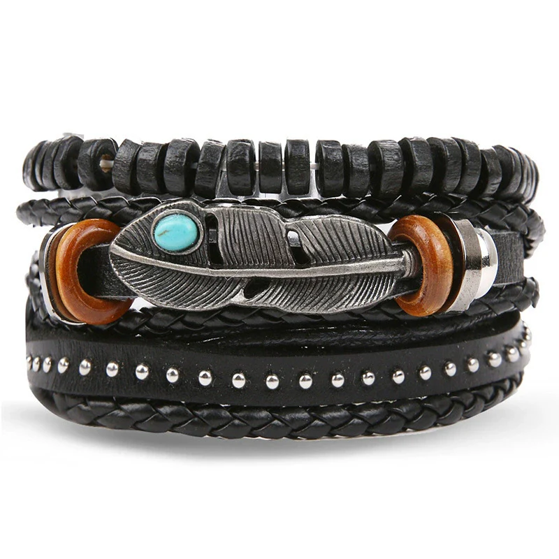 Wholesale Jewelry Handwoven Retro Feather Nameplate Artificial Leather Men's Bracelet - Image 21