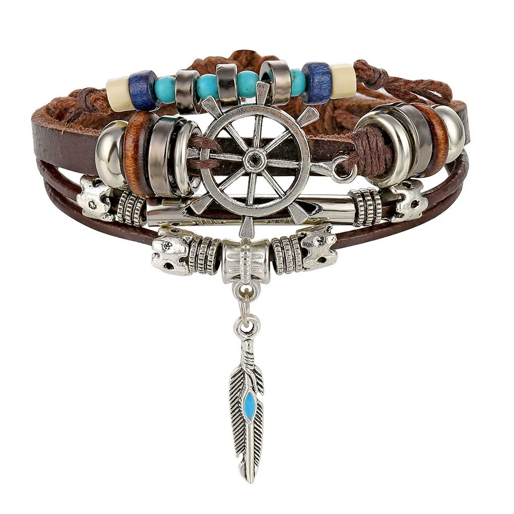 Wholesale Jewelry Handwoven Retro Feather Nameplate Artificial Leather Men's Bracelet - Image 22