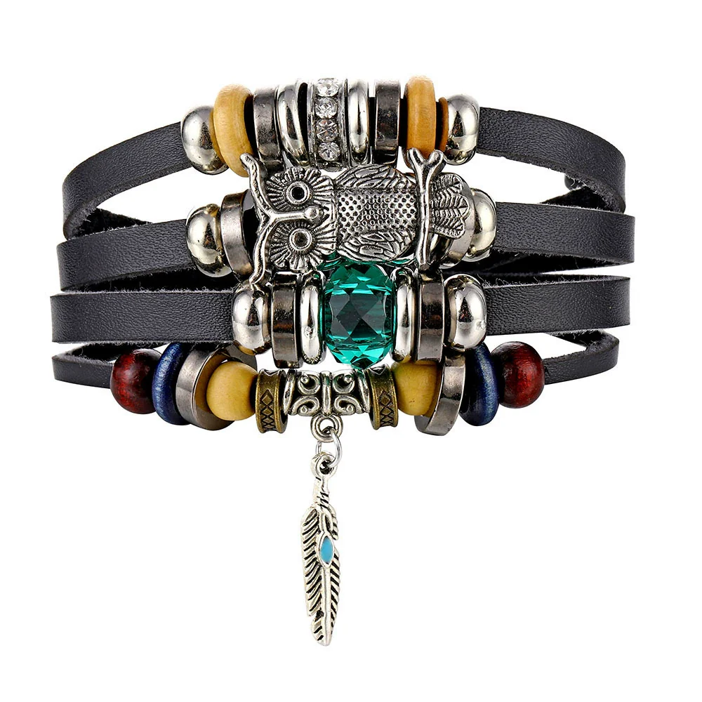Wholesale Jewelry Handwoven Retro Feather Nameplate Artificial Leather Men's Bracelet - Image 23