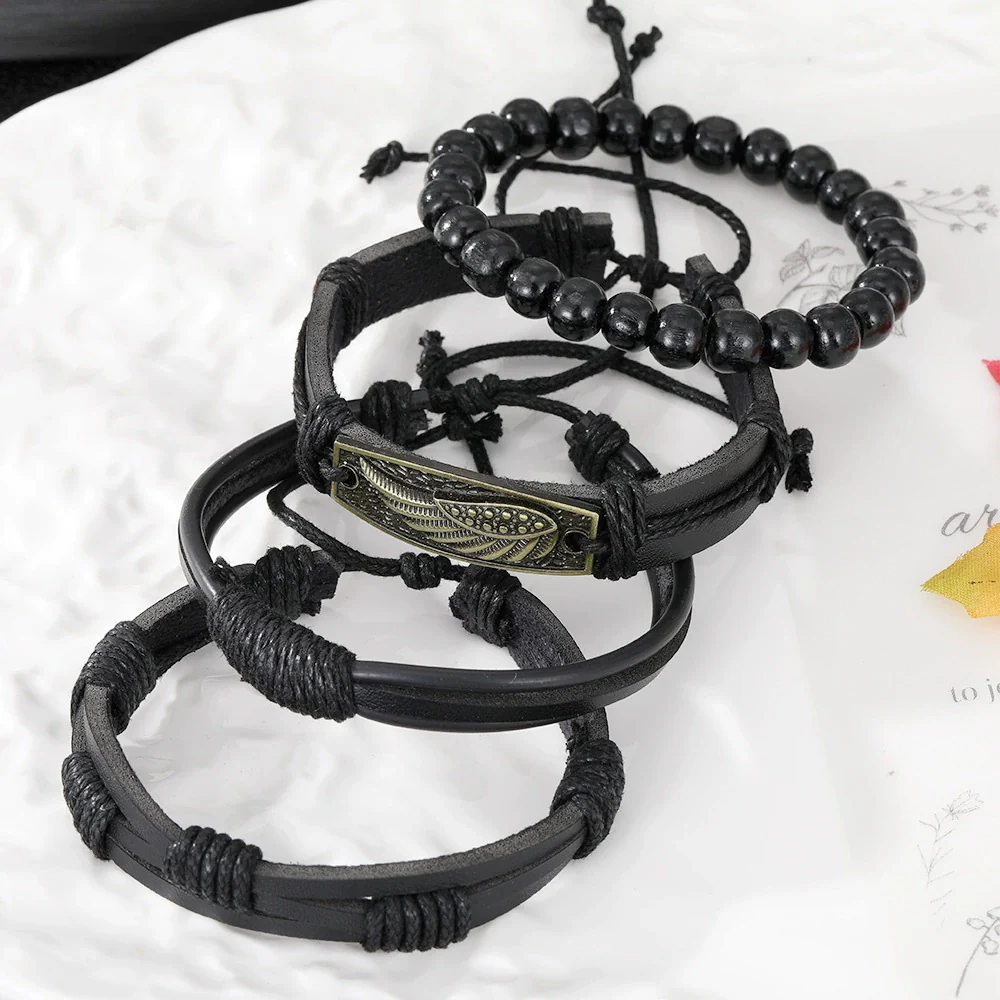 Wholesale Jewelry Handwoven Retro Feather Nameplate Artificial Leather Men's Bracelet - Image 3