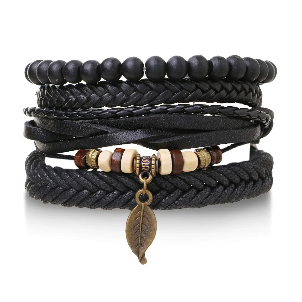 Wholesale Jewelry Handwoven Retro Feather Nameplate Artificial Leather Men's Bracelet - Image 6