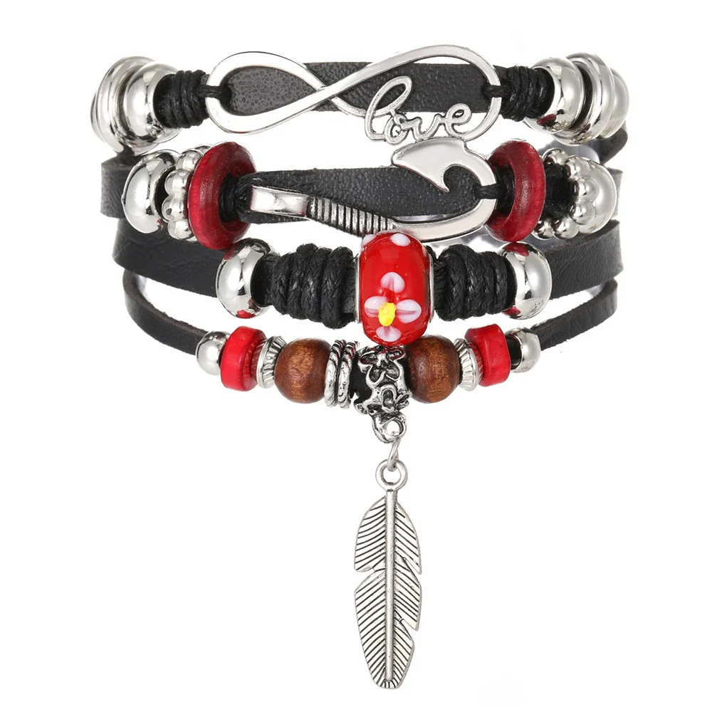 Wholesale Jewelry Handwoven Retro Feather Nameplate Artificial Leather Men's Bracelet - Image 7