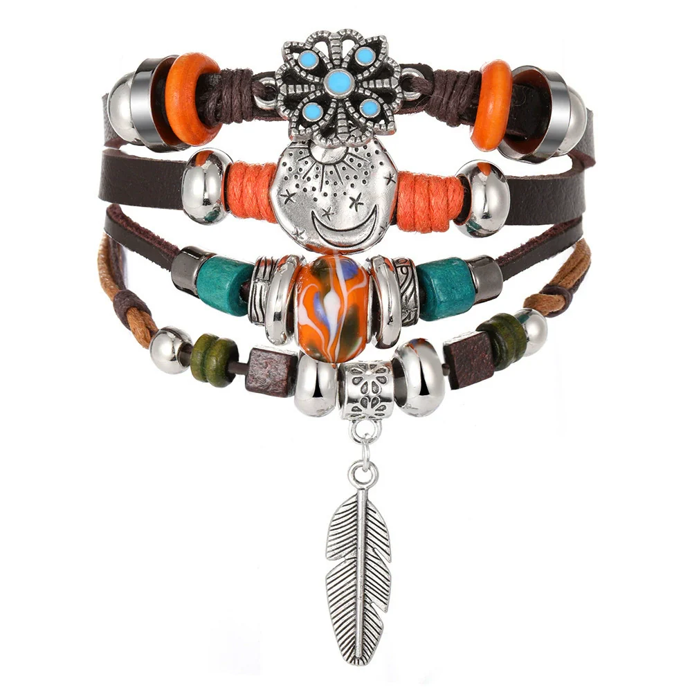 Wholesale Jewelry Handwoven Retro Feather Nameplate Artificial Leather Men's Bracelet - Image 8