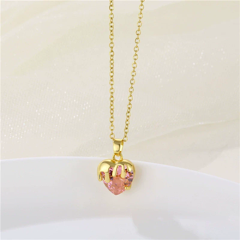Wholesale Jewelry Heart Shaped Stainless Steel Crystal Clavicle Chain With Zircon And Fruit Food Style Electroplated - Image 2